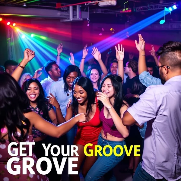 人々が踊って楽しんでいる画像。Get Your Groove Onというフレーズを説明しています。