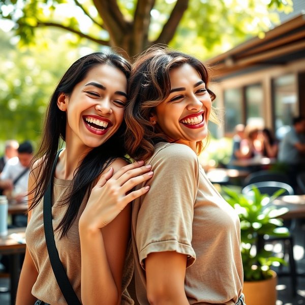 Hai người bạn cười với nhau, minh họa ý nghĩa thân thiện của từ Buddy