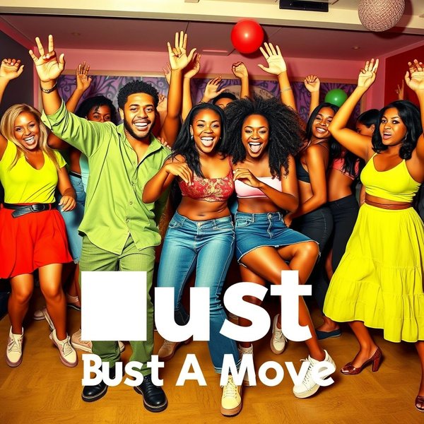 Một nhóm bạn đang nhảy múa và vui vẻ, minh họa cho cụm từ 'Bust A Move'.