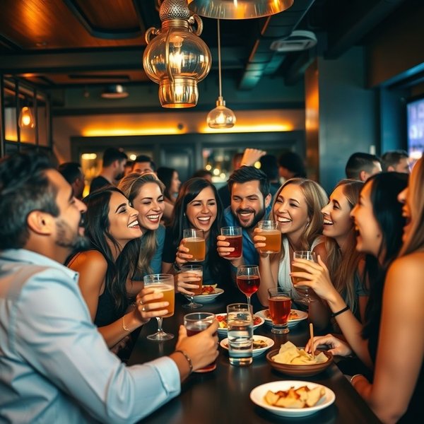 Image showing friends enjoying drinks and appetizers during a Happy Hour special