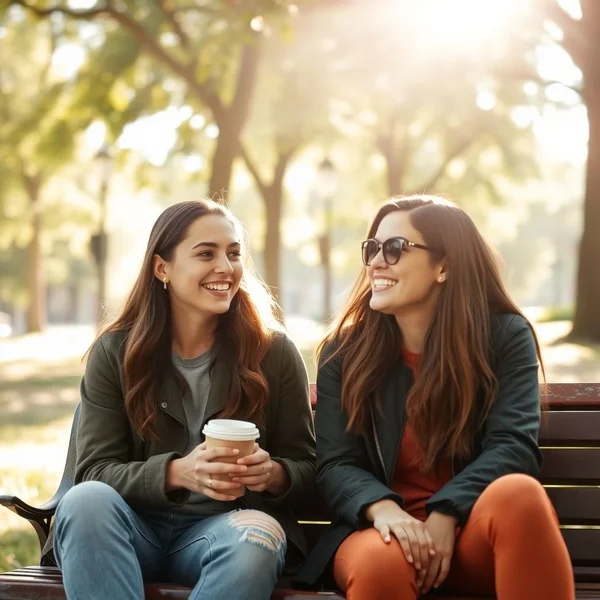Hai người bạn đang ngồi trên ghế đá công viên, trò chuyện vui vẻ và sẵn sàng shoot the breeze.