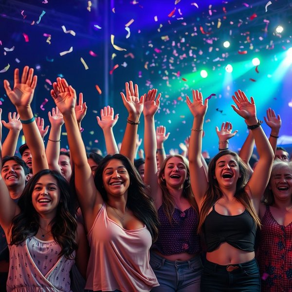 Mensen juichen op een muziekfestival, klaar om helemaal los te gaan
