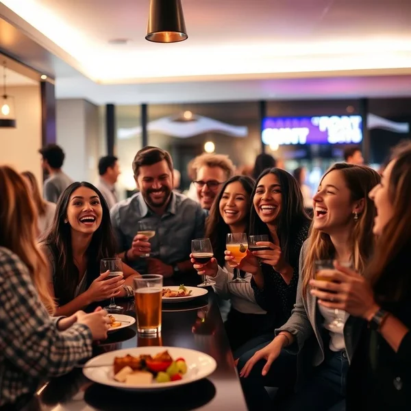 Imagen que muestra a amigos disfrutando de bebidas y aperitivos durante un especial de Happy Hour