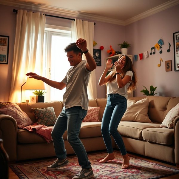 เพื่อนสองคนกำลังสนุกกับ dance-off ในห้องนั่งเล่น