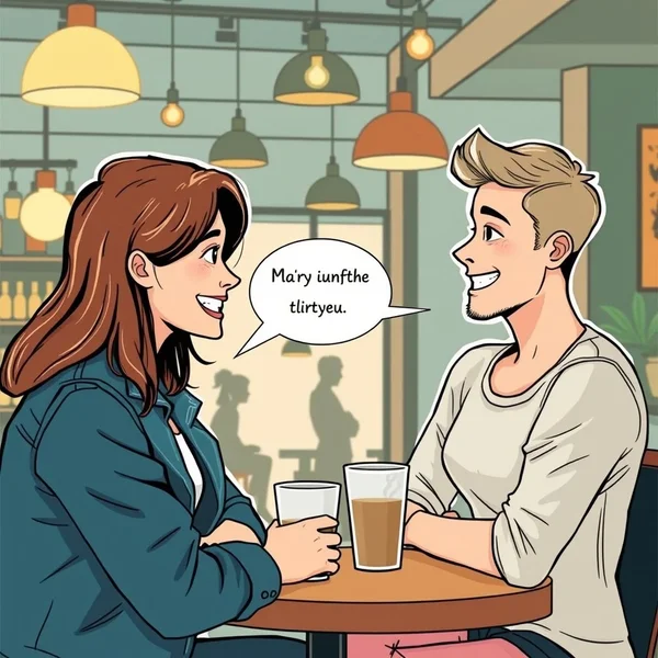 Un gráfico que muestra a dos personas hablando y sonriendo, ilustrando cómo ligar con alguien.