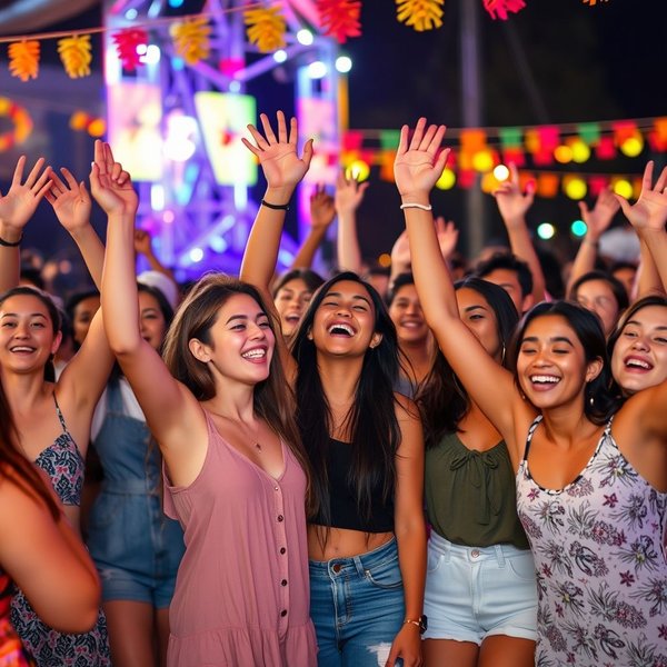 Amigos celebrando em um festival para mostrar o que significa live it up
