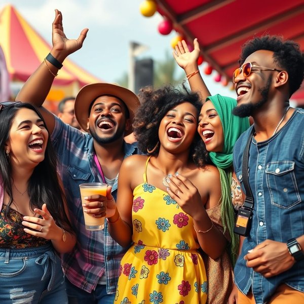 Amigos celebrando en un festival para mostrar lo que significa live it up