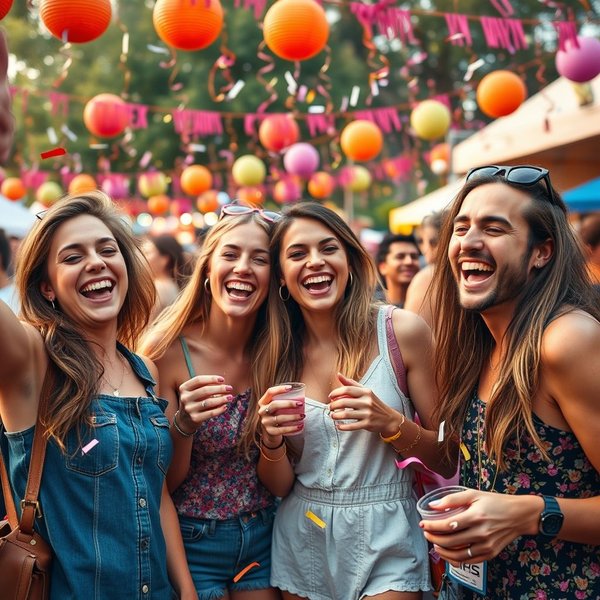 Live It Up'ın ne anlama geldiğini göstermek için bir festivalde kutlama yapan arkadaşlar