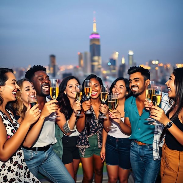 Vrienden vieren feest op een festival om te laten zien wat het betekent om te leven