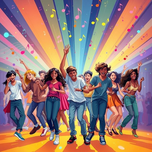 Uma ilustração de pessoas dançando e curtindo um banger de uma música em um festival de música