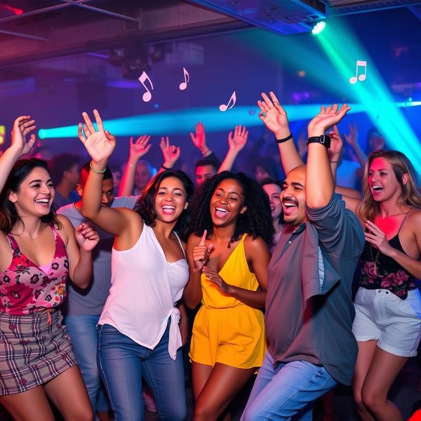 Группа друзей танцует и веселится, иллюстрируя фразу "Bust A Move".