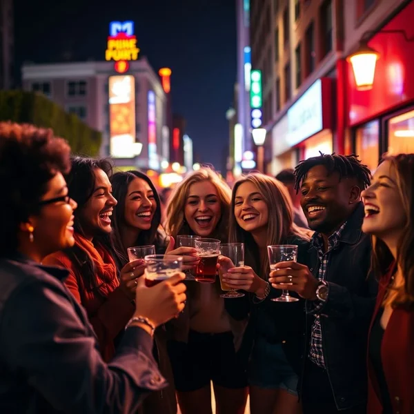 Gambar teman-teman merayakan dan bersenang-senang, yang menggambarkan cara Paint The Town Red
