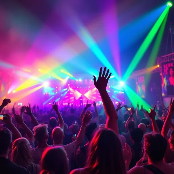 Orang-orang bersorak di festival musik, siap untuk go wild