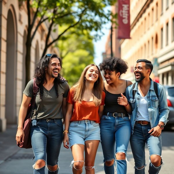 Un groupe d’amis riant ensemble, représentant une posse des temps modernes