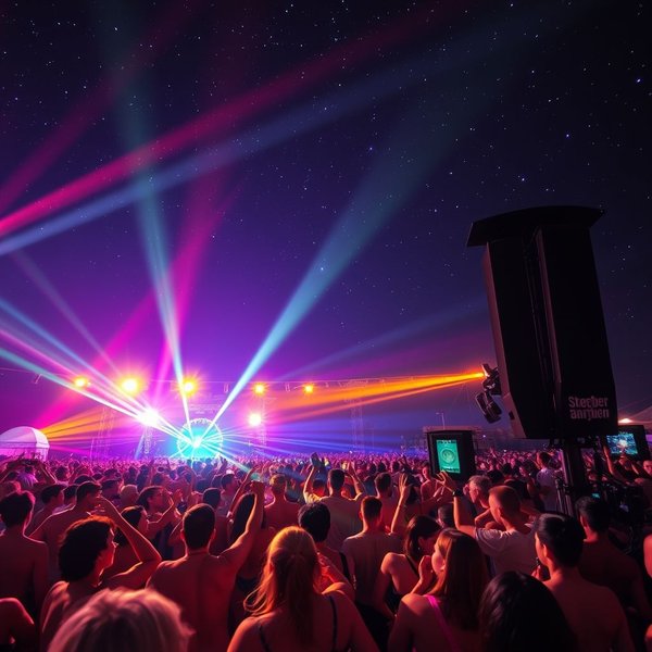 Una ilustración de personas bailando y disfrutando de un temazo en un festival de música