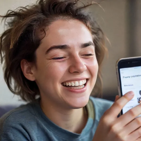 Uma pessoa olhando para o celular e sorrindo, capturando perfeitamente o sentimento de "The Mood".