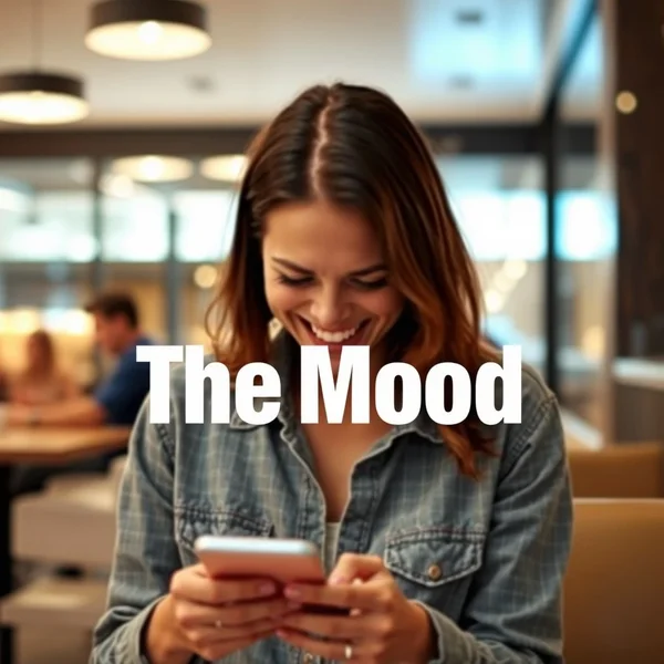 一个人看着手机微笑，完美地捕捉到了“The Mood”的感觉。