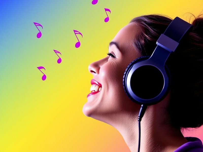 A person smiling while listening to music with headphones, with the word Tunes in stylish font overlayed