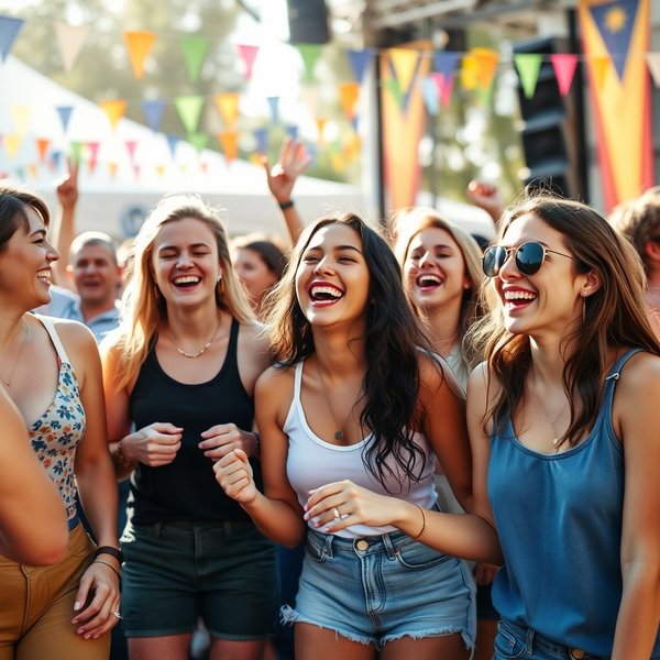 Image of friends dancing at a festival, ready to let loose
