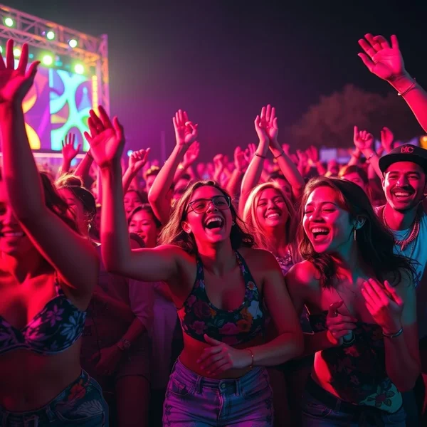 Eine Illustration von Leuten, die tanzen und einen Banger von einem Lied auf einem Musikfestival genießen