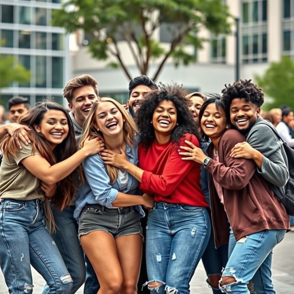 Een groep hechte vrienden die lachen en elkaar omhelzen, ter illustratie van de betekenis van het slangwoord Fam