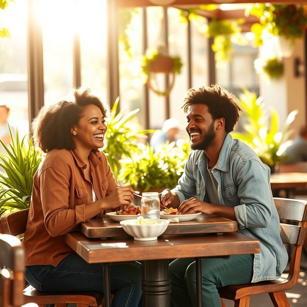 Two friends chatting and smiling, illustrating the friendly meaning of the word Pal