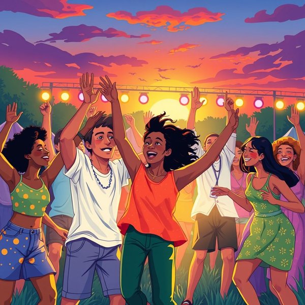 An illustration of people dancing and enjoying a banger of a song at a music festival