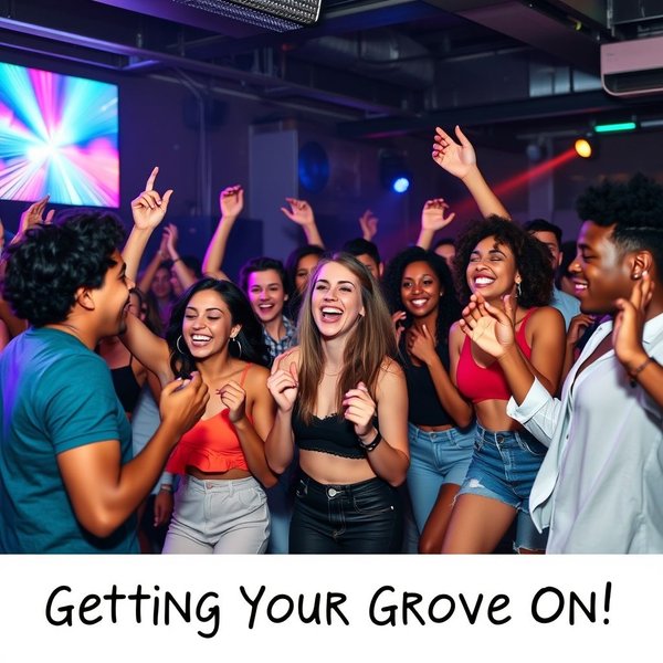 صورة تظهر أشخاصًا يرقصون ويستمتعون، توضح عبارة Get Your Groove On.