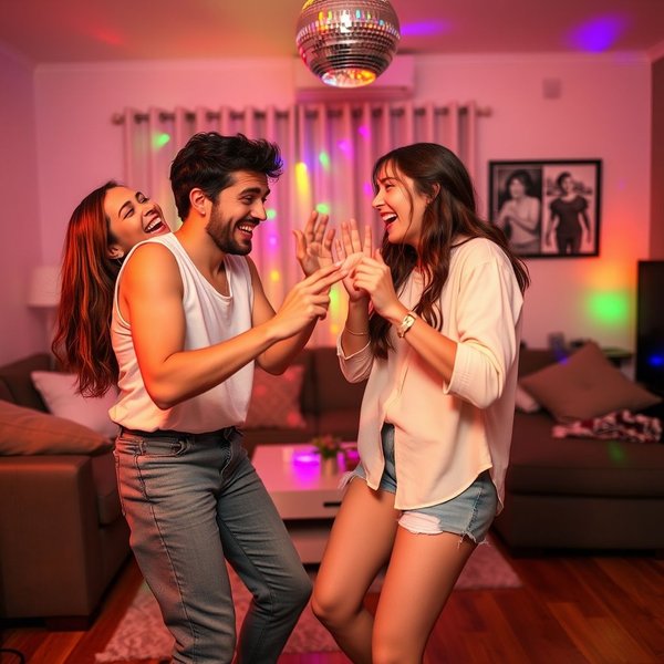 صديقان يقضيان dance-off ممتعًا في غرفة المعيشة.