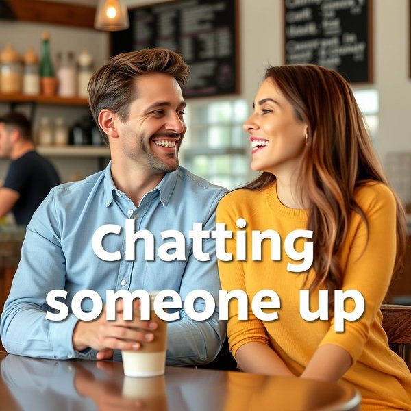ภาพกราฟิกแสดงคนสองคนกำลังพูดคุยและยิ้มแย้ม แสดงให้เห็นวิธีการ chat up ใครบางคน