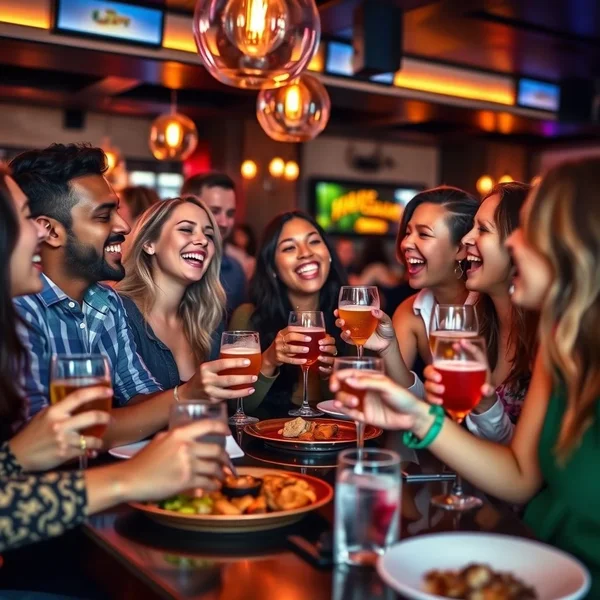ハッピーアワーの特別メニューで飲み物や軽食を楽しむ友人たちの画像