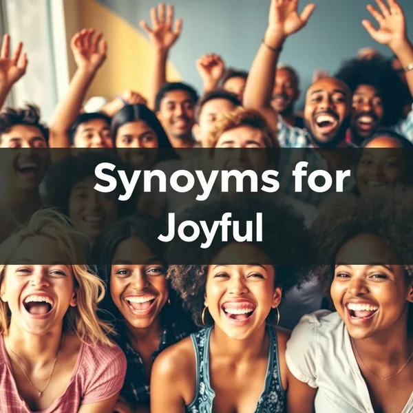 Image showcasing various joyful expressions, with the text "Synonyms for Joyful" overlaid