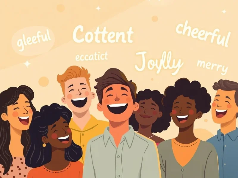 Image showcasing various joyful expressions, with the text "Synonyms for Joyful" overlaid