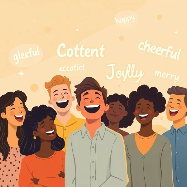 Image showcasing various joyful expressions, with the text "Synonyms for Joyful" overlaid