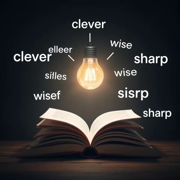 Image showing a lightbulb turning on above a book, with the text "Synonyms for Smart to improve your writing"