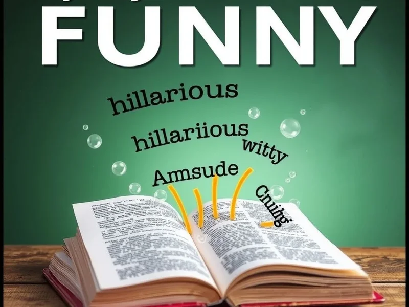 Image: A collection of expressive emojis representing different types of humor, with the text "Synonyms for Funny" overlaid.