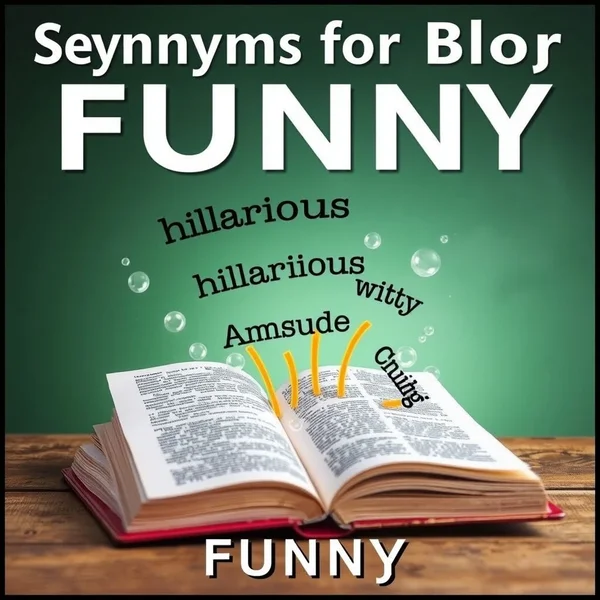 Image: A collection of expressive emojis representing different types of humor, with the text "Synonyms for Funny" overlaid.