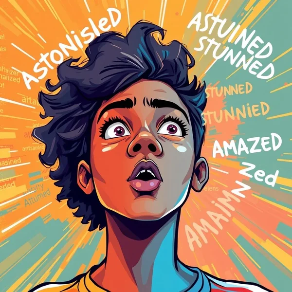 Imagen mostrando a alguien con aspecto asombrado, con el texto "Synonyms for Amazed"