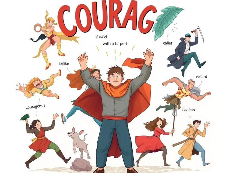 Image showing synonyms for brave being used in different contexts