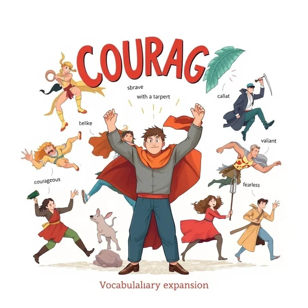 Image showing synonyms for brave being used in different contexts