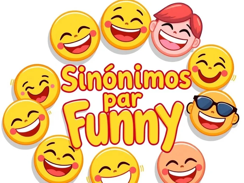 Uma coleção de emojis expressivos representando diferentes tipos de humor, com o texto "Sinônimos para Funny" sobreposto.