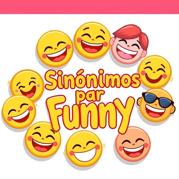 Uma coleção de emojis expressivos representando diferentes tipos de humor, com o texto "Sinônimos para Funny" sobreposto.