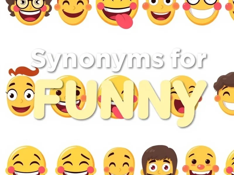 Image: A collection of expressive emojis representing different types of humor, with the text "Synonyms for Funny" overlaid.