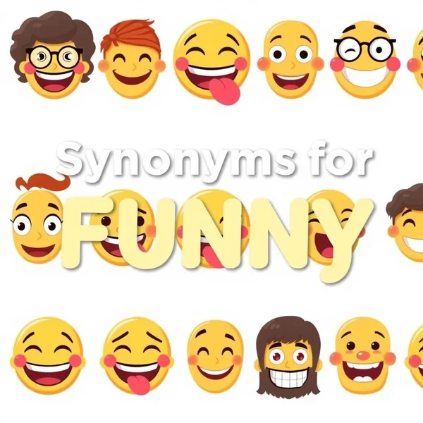 Image: A collection of expressive emojis representing different types of humor, with the text "Synonyms for Funny" overlaid.