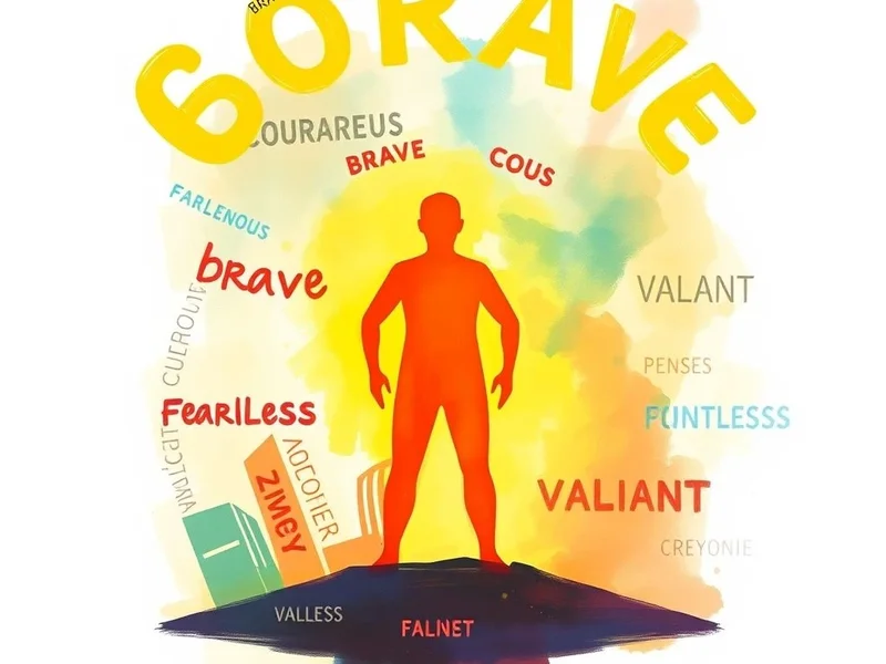 Image showing synonyms for brave being used in different contexts