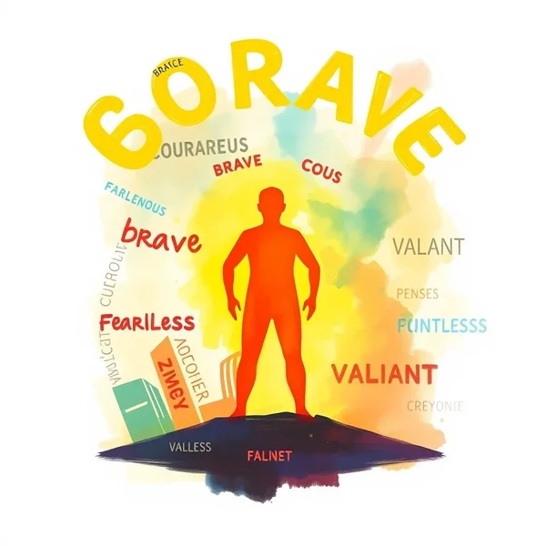 Image showing synonyms for brave being used in different contexts