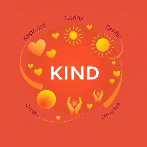 Image showing various ways to express kindness, including the text "Synonyms for Kind"