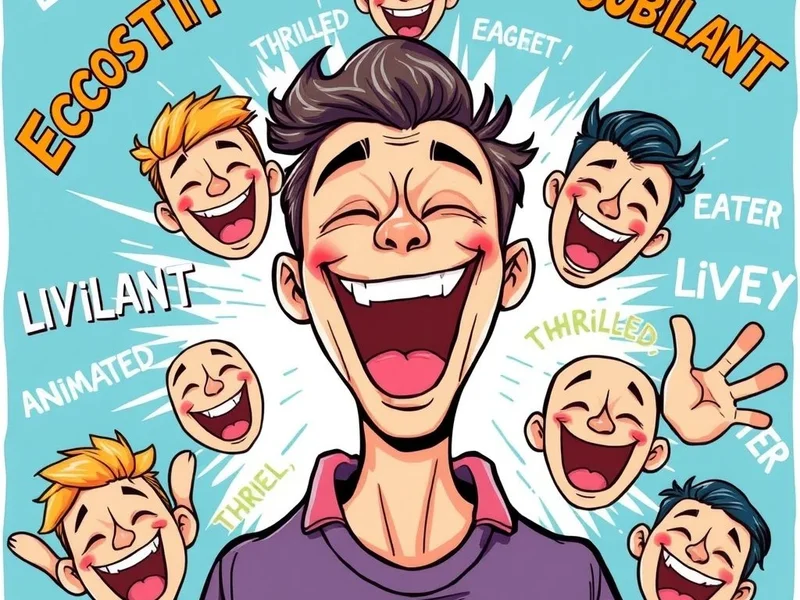 Imagem mostrando várias expressões de empolgação e Sinônimos para Excited