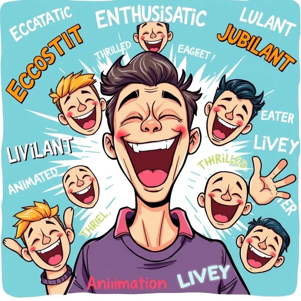 Imagem mostrando várias expressões de empolgação e Sinônimos para Excited