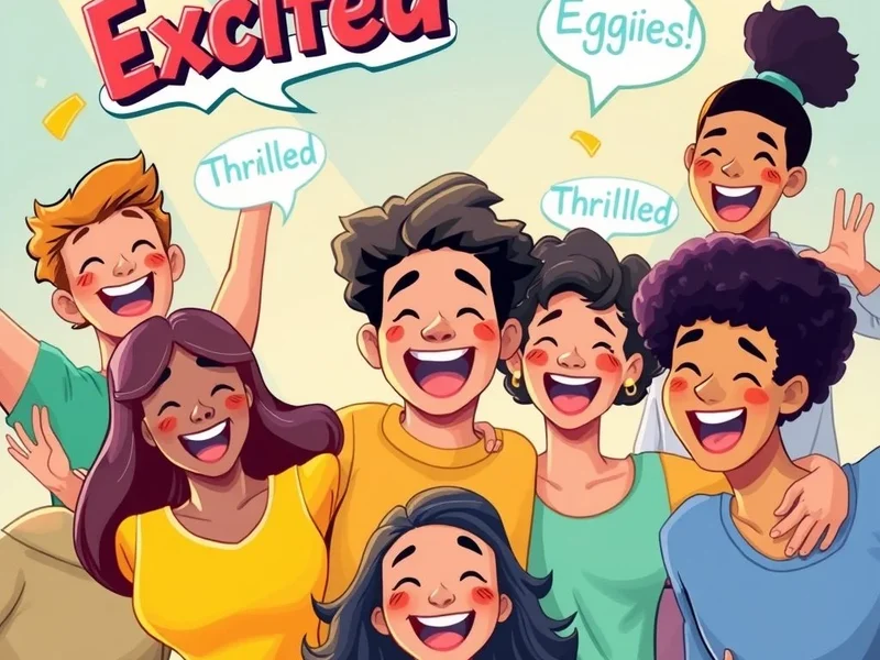 Image showing various expressions of excitement and Synonyms for Excited
